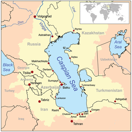 Map of the Caspian Sea, yellow shading indicates Caspian drainage basin.