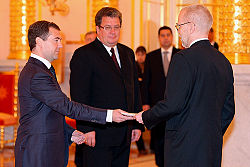 Remise des lettres de créance de l'ambassadeur finlandais Matti Anttonen au Président russe Dmitri Medvedev en 2008.