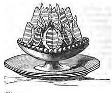 Wood-engraving of "Orange Jellies" garnished with myrtle leaves, in Eliza Acton's Modern Cookery for Private Families, 1845 Eliza Acton Orange Jellies 1845.jpg