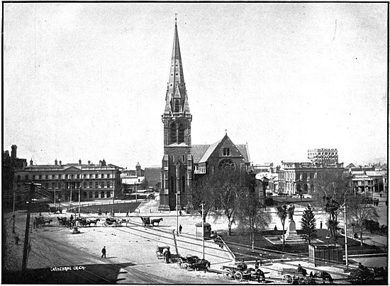 A photo of Christchurch with the cathedral in the center.