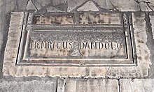 A 19th century tomb marker of the probable location of the tomb of Enrico Dandolo, the leader of the Fourth Crusade and Doge of Venice, inside the Hagia Sophia Enrico Dandolo gravestone.jpg