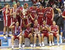 Une équipe féminine de basket-ball après une victoire.