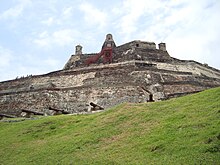 San Felipe de Barajas Fortress Cartagena de Indias. In 1741, the Spanish repulsed a British attack on this fortress in present-day Colombia in the Battle of Cartagena de Indias. FORTRESS OF SAN FELIPE CARTAGENA.JPG