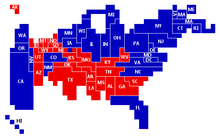 A cartogram showing the final electoral results of the 2008 US presidential election Final 2008 electoral cartogram.png