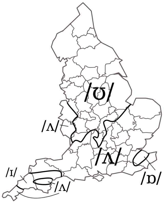 A map of England, with isoglosses showing how different regions pronounce "sun"