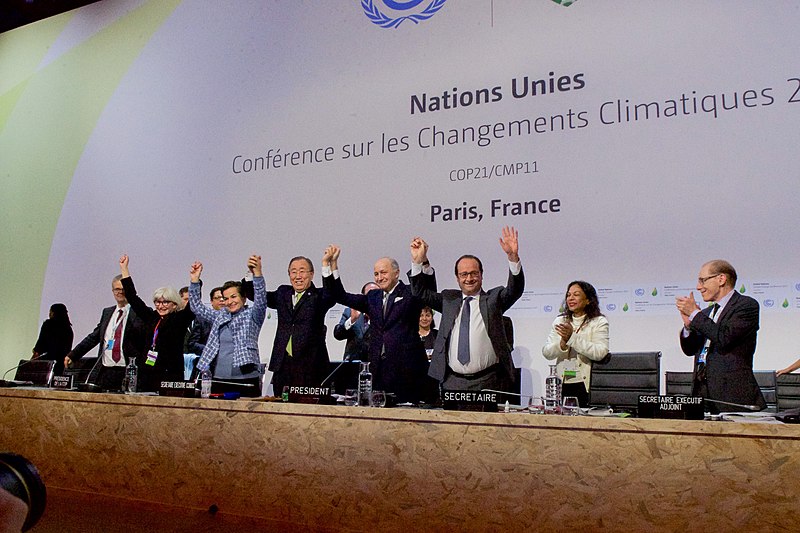 File:French Foreign Minister, UN Secretary-General Ban, and French President Hollande Raise Their Hands After Representatives of 196 Countries Approved a Sweeping Environmental Agreement at COP21 in Paris (23076185424).jpg