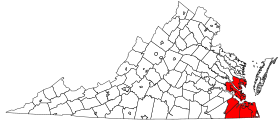 Юрисдикции, чаще всего связанные с Хэмптон-роуд, выделены темно-красным цветом. Округа Северной Каролины, включенные в MSA, не включены в карту.
