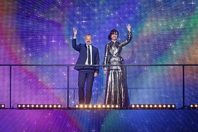 Photograph of hosts Graham Norton and Petra Mede at Eurovision Song Contest's Greatest Hits