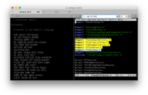 Screenshot obrazovky iTerm2 zobrazující více karet, rozdělené podokna, zvýraznění hledání regulárního výrazu a podporu UTF-8.
