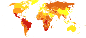 Deaths due to interpersonal violence per million persons in 2012
0-8
9-16
17-24
25-32
33-54
55-75
76-96
97-126
127-226
227-878 Interpersonal violence world map-Deaths per million persons-WHO2012.svg
