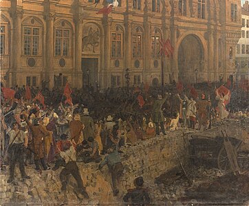 Peinture représentant une foule acclamant la proclamation de la République en 1848 devant l'hôtel de ville de Paris