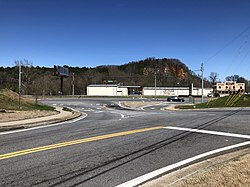 An intersection in Ladds, with Quarry Mountain in the background