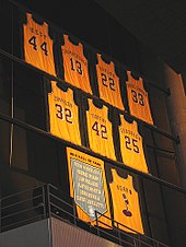 A display of yellow basketball jerseys bearing the names and uniform numbers of players