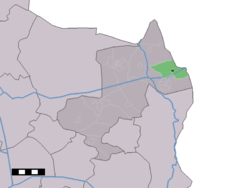 The town centre (dark green) and the statistical district (light green) of Noord Deurningen in the municipality of Dinkelland.