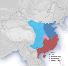Norra Zhoudynastins territorium år 560 markerat i ljust blå. (Innan Norra Qidynastin var erövrad)