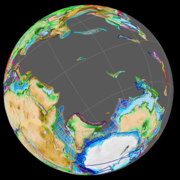The first ocean floor formed between India and Antarctica c. 120 Ma (left).  The Kerguelen LIP began to form the Ninety East ridge c. 80 Ma (centre).  The Indian and Australian plates merged c. 40 Ma (right).