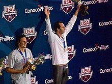Peirsol (right) after his victory in the 200 m backstroke at the 2009 National Championships. Ryan Lochte here stands at the 2nd place. Peirsol 2009 nationals.jpg
