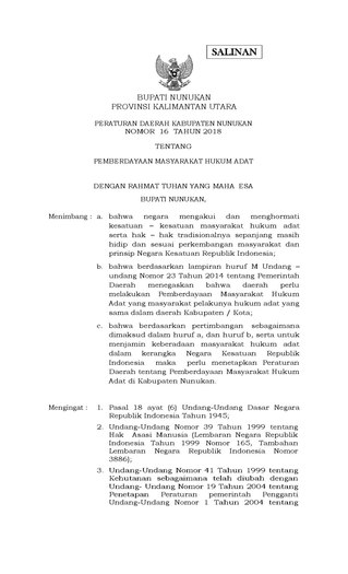 Peraturan Daerah Kabupaten Nunukan Nomor 16 Tahun 2018 tentang Pemberdayaan Masyarakat Hukum Adat