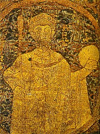 Portrayal of King Stephen I on the Hungarian coronation pall from 1031.