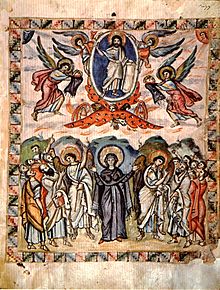 Miniatures of the 6th-century Rabula Gospel (a Byzantine Syriac Gospel) display the more abstract and symbolic nature of Byzantine art RabulaGospelsFolio13vAscension.jpg