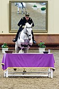 Un cheval blanc et son cavalier sautent par-dessus une table avec une nappe violette.