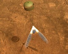 Descent is halted by retrorockets and lander is dropped 10 m (33 ft) to the surface in this computer generated impression. Rocket assisted descent.jpg