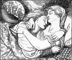 Illustration for the cover of Christina Rossetti's Goblin Market and Other Poems (1862), by Dante Gabriel Rossetti.  Goblin Market used complex poetic diction in nursery rhyme form: "We must not look at goblin men,/We must not buy their fruits:/Who knows upon what soil they fed/Their hungry thirsty roots?" 