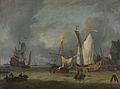 Schepen in de haven bij een stevige bries door Jan Claesz. Rietschoof (1652-1719)