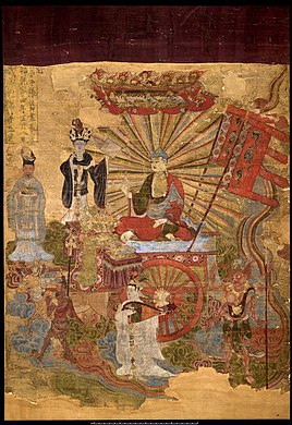 Buda Tejaprabhā ("Buda das Luzes Resplandecentes") e os Cinco Planetas (ano 897), antropomorfizados segundo o estilo iraniano: Mercúrio, Vênus, Marte, Júpiter e Saturno. Seu culto emergiu na China do século IX, misturando-se a práticas astrológicas como magia astral e deidades astrais chinesas.[164]