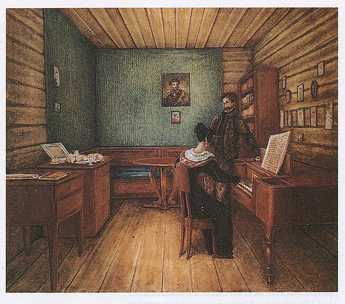 S.G. Volkonskiy with his wife in a cell in the Peter prison. Drawing of NA Bestuzhev, 1830.