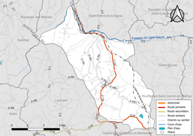 Carte en couleur présentant le réseau hydrographique de la commune