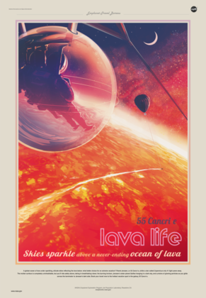 Pôster da Agência de Viagens de Exoplanetas do Programa de Exploração de Exoplanetas da NASA, com o texto "55 Cancri e: os céus brilham em um oceano de lava sem fim" (definição 8 161 × 11 761)