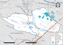 Carte en couleur présentant le réseau hydrographique de la commune