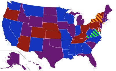 Makeup of the U.S. Senate at the start of this Congress, color-coded by party. Note: The orange stripes in New York and the green stripes in Virginia denote Conservative James Buckley and Independent Harry F. Byrd Jr., respectively. 92nd United States Congress Senators.svg