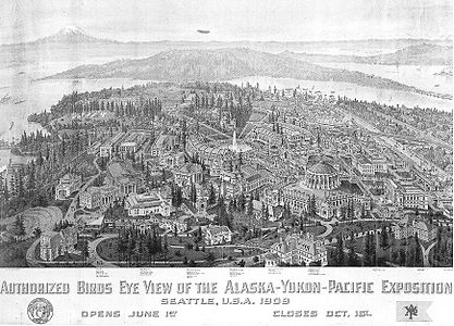 Rysunek w ptasiej perspektywie Alaska-Yukon-Pacific Exposition z 1909 r.