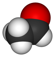 Acetaldehyde (above) and its isomers vinyl alcohol and ethylene oxide have all been detected in interstellar space. Acetaldehyde-3D-vdW.png