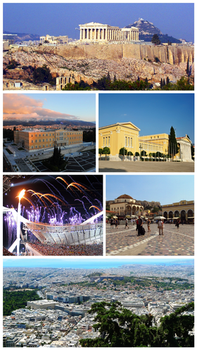 From upper left: the Acropolis, the Hellenic Parliament, the Zappeion, the Acropolis Museum, Monastiraki Square, Athens view towards the sea.