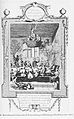 Bestrafung der Faulen: aus einem hochgezogenen Korb sollen sie ansehen, wie Fleißige ihr Essen einnehmen. Kupferstich William Hogarth, um 1760