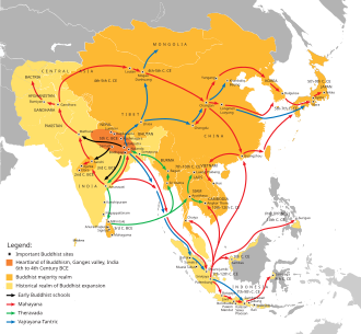 Buddhist expansion in Asia: Mahayana Buddhism first entered the Chinese Empire (Han dynasty) through Silk Road during the Kushan Era. The overland and maritime "Silk Roads" were interlinked and complementary, forming what scholars have called the "great circle of Buddhism". Buddhist Expansion.svg