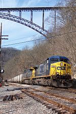 A CSX coal train crosses under the New River Gorge Bridge in February 2008