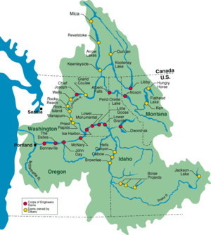 Three-color map of the Columbia River watershed. The watershed is shaped roughly like a funnel with its wide end to the east and its narrow end along the border between Washington and Oregon as it nears the Pacific Ocean. The watershed extends into the western U.S. states of Washington, Oregon, Idaho, Nevada, Utah, Wyoming, and Montana, and the western Canadian province of British Columbia as far east as its border with Alberta. The river itself makes a hairpin turn from north-west to south in British Columbia and another sharp turn from south to west as it nears Oregon.