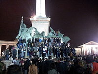 Demonstrators at Heroes' Square in Budapest Demonstration against the tax on internet 2014-10-26 (2).jpg