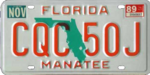 Номерной знак Флориды, 1986–1991 годы, с наклейкой за ноябрь 1989 года.png