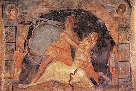 Mithras and the Bull: This fresco from the mithraeum at Marino, Italy (third century) shows the tauroctony and the celestial lining of Mithras' cape. Fresque Mithraeum Marino.jpg