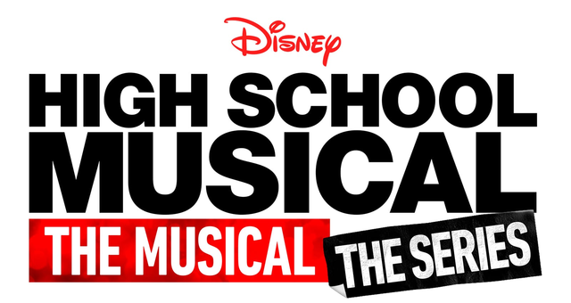 The words "Disney High School Musical The Musical The Series" are shown in red, white and black font, in various styles and sizes against a white background.