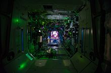 Interior view of the US lab with the lights turned off, i.e. while the crew sleeps ISS-40 Space Station while the crew is asleep.jpg