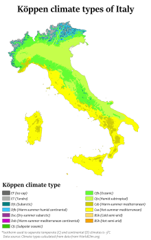 Map of the climate of Italy Italy Koppen.svg