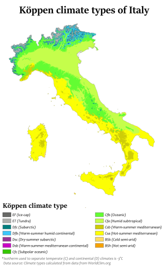 Koppen climate classification types of Italy Italy Koppen.svg