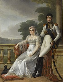 Old painting of a seated woman dressed in white with a veil and a man leaning on a pillar