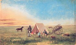 Paul Kane, Camping on the prairie, huile sur papier, imprimée en 1846. La scène montre Paul Kane (1810-1871) accompagné de son guide dans les Grandes Plaines du Dakota.